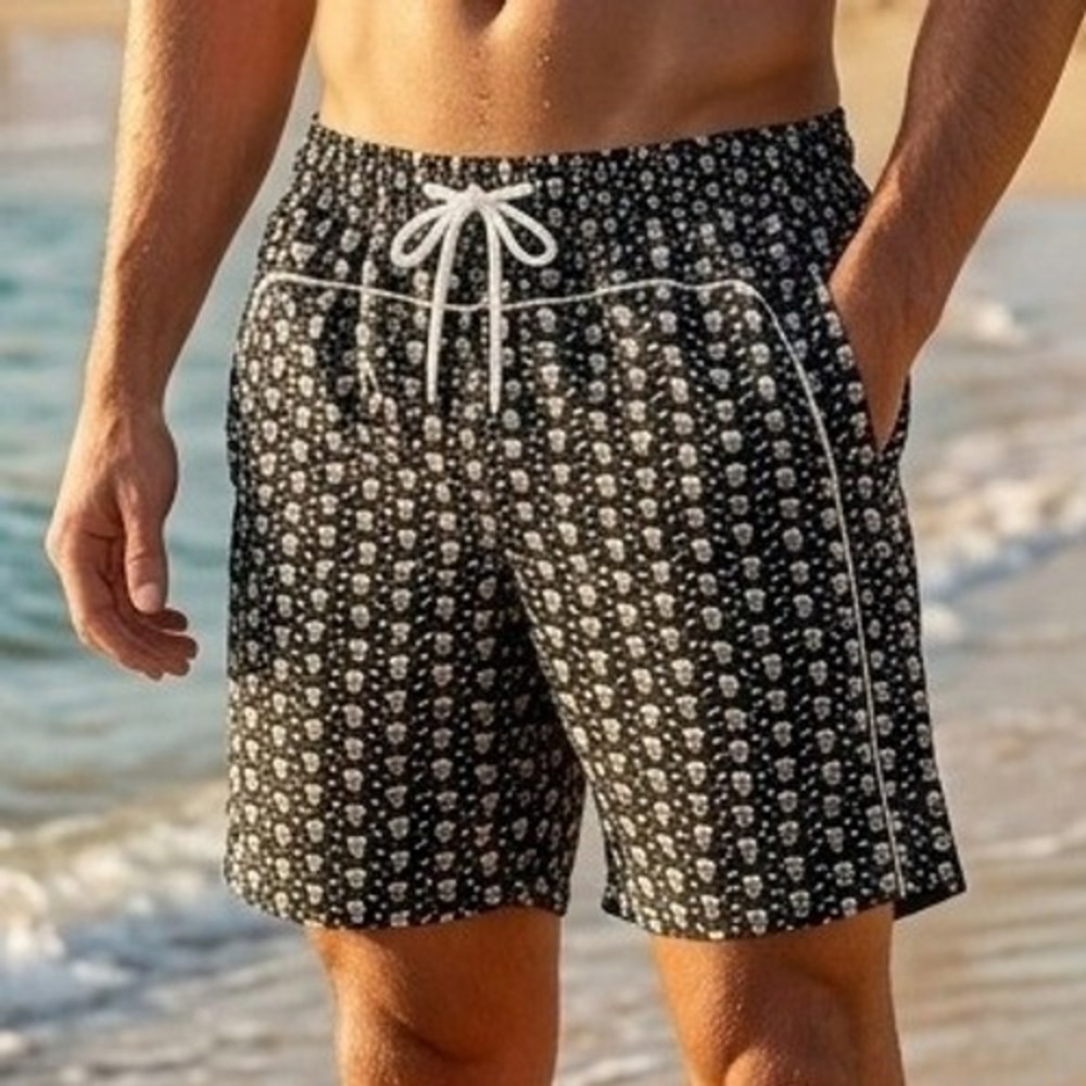 Basix Surf Men's Size Lg Skull Crossbones Board Shorts Black White Swim Trunks